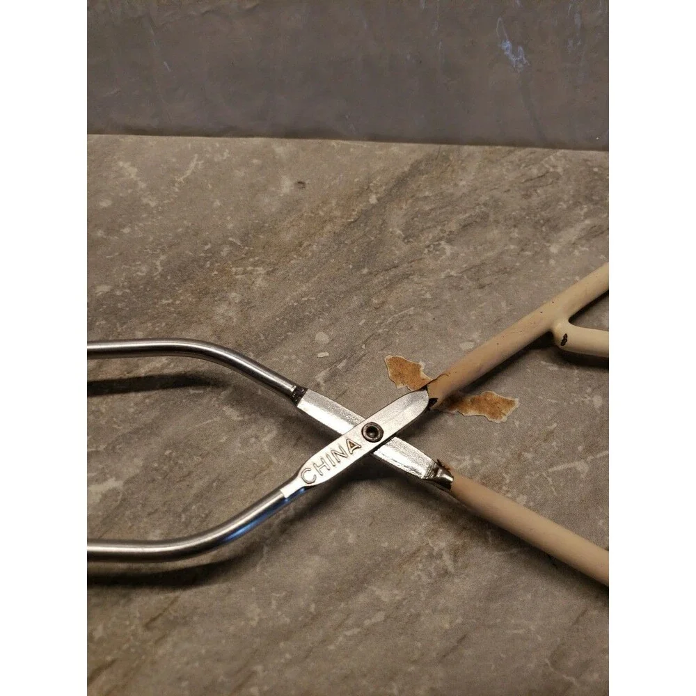 Vintage EKCO 10 Stainless Steel Kitchen Tongs Grippers, Ivory Rubber handle USA